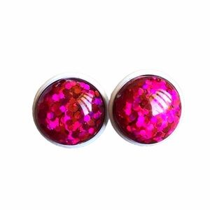Rose Red Glitter Bomb On White Post Earrings!
